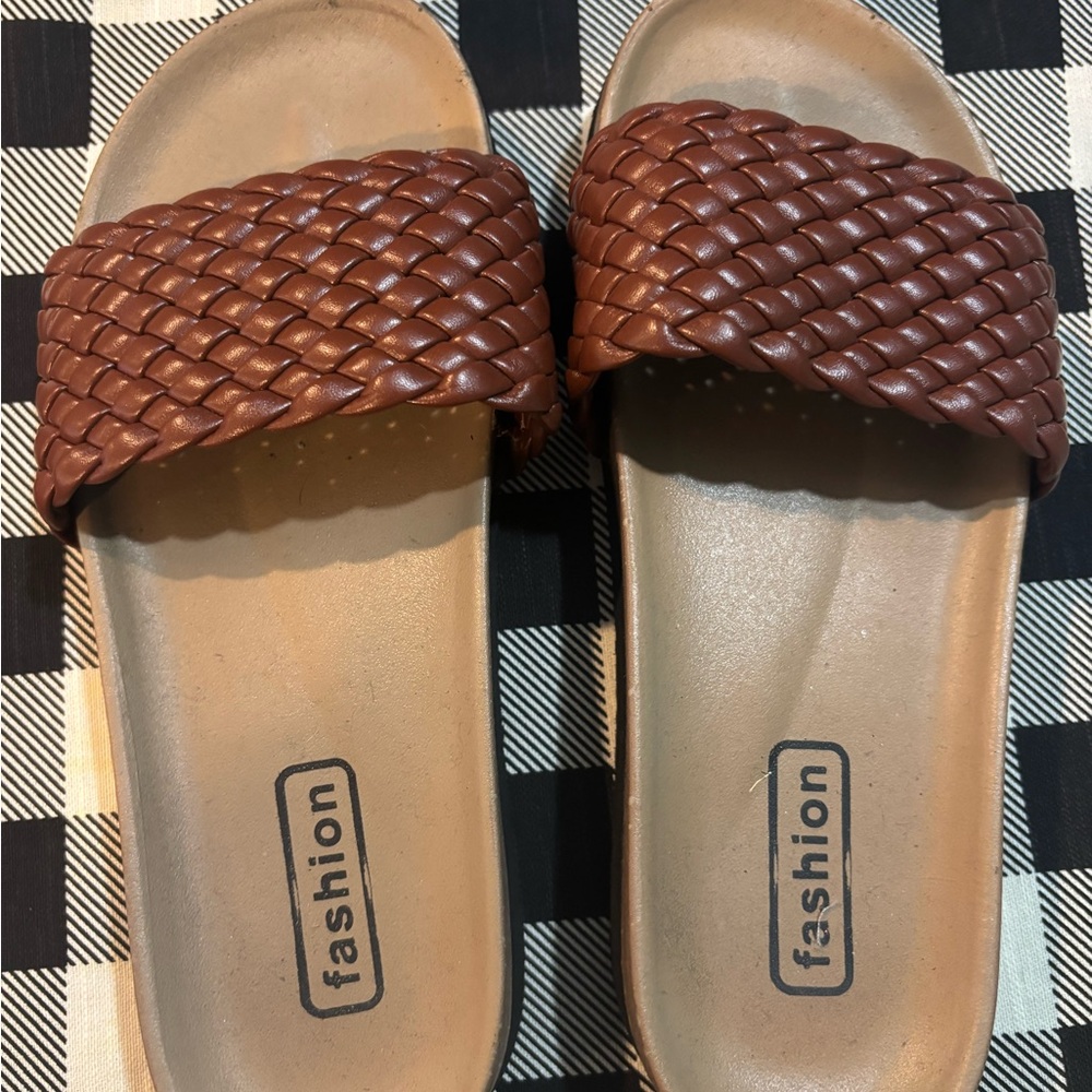 Brown Woven Slide Sandals